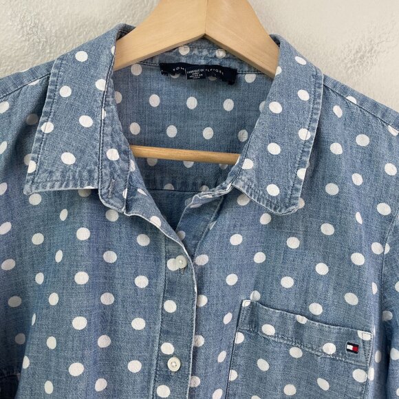 Tommy Hilfiger Womens Large Polka Dot Button Up Chambray Shirt Long Sleeve Top - Picture 2 of 7
